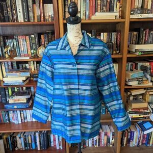 Josephine Chause Vintage Dupioni Silk Jacket Blue And Aqua Striped Sz 10 Euc